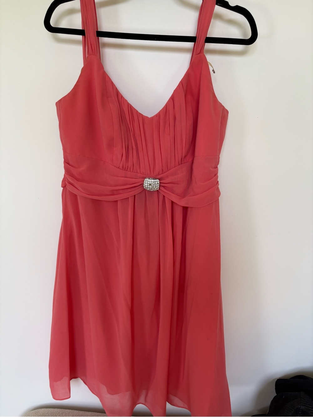 Coral V-Neck Chiffon Midi Dress with Rhinestone Waist Accent